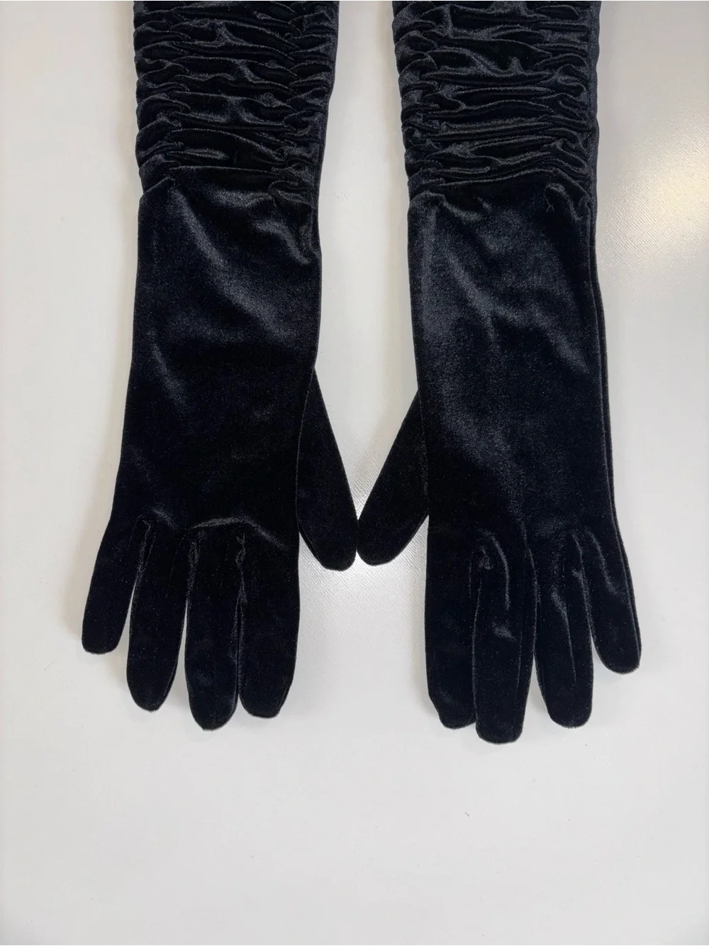 Women's Black Opera-Length Velvet Gloves with Ruched Detail